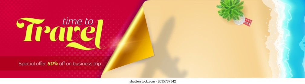 Time to travel. Banner with shadow of airplane on tropical beach. Vector 3d illustration.