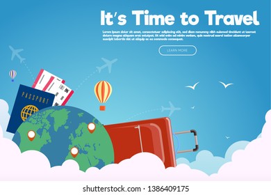 It’s Time to Travel. Travel banner with sky. Modern flat design. EPS 10. Colorful.