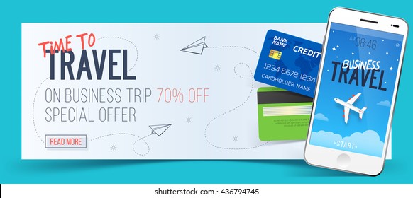 Time To Travel Banner With Special Offer On Business Trip, White Smartphone And Credit Cards. 70% Off.
