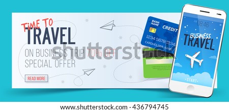 Time to travel banner with special offer on business trip, white smartphone and credit cards. 70% off.