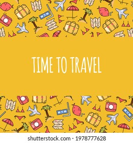 Time to travel banner with summer elements in hand drawn style. Vector stock illustration