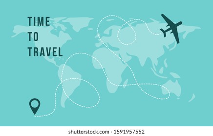 Time to Travel banner template with flying airplane icon and route track on world map background, vector illustration. Traveling and tourism advertising poster.