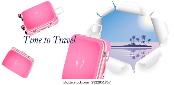 Time to Travel Banner Template . Paradise Island and pink suitcases.  For tourism and recreation