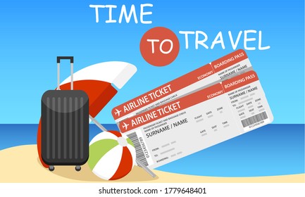 Time to travel, banner with tourist suitcase and accessories. Time to travel banner. Vector, cartoon illustration. Vector.