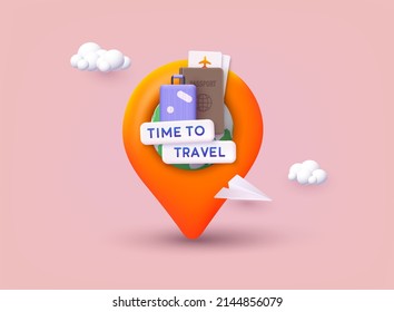 Time to travel banner. Trip banner with passport, tickets, travel bag. 3D Web Vector Illustrations. - Shutterstock ID 2144856079