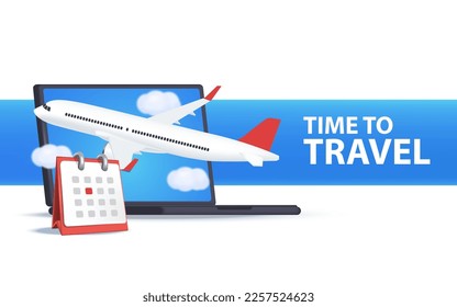 Time to travel banner. Trip banner with passport, tickets, travel bag. 3D Web Vector Illustrations.