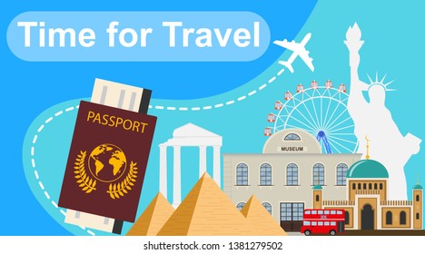 Time to travel. Banner time to travel with various landmarks. Vector illustration of travel concept.