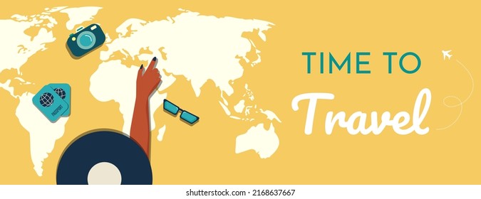 Time to travel banner.Top view of a girl looking for a new destination of next trip.Flat style vector illustration