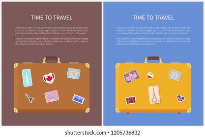 Time to travel banners, stickers on suitcases for trip or journey. World exploration, sightseeing tour and voyage on ship posters vector illustration.