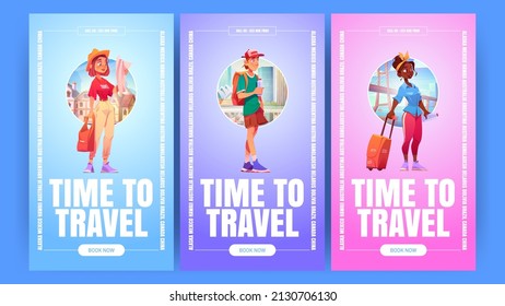 Time to travel banners with tourists with suitcase, backpack and map on cityscape background. Vector vertical posters of vacation trip, tourism with cartoon illustration of people travelers