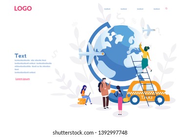 It’s Time to Travel. booking app, navigation, travel equipment, taxi, Vacation. . Tourism, Travel to World. flights, Concept for web page, banner, social media. People travel together.