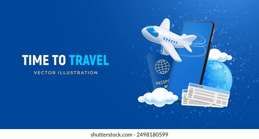 Time to travel, booking online, conceptual banner template with 3d realistic white flying plane, smartphone, globe, passport and air tickets on blue background, place for text. Vector illustration