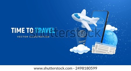 Time to travel, booking online, conceptual banner template with 3d realistic white flying plane, smartphone, globe, passport and air tickets on blue background, place for text. Vector illustration