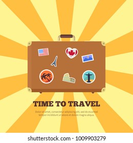 Time to travel bright poster vector illustration of brown suitcase with pretty stickers from different countries isolated on striped yellow background