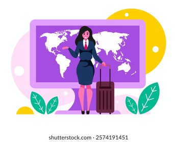 Time to travel. Businesswoman with suitcase. Business trip concept. World map on computer display. Background with monitor. Vector graphics