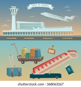 Time to Travel by Airplane. Airport with Plane. Vector illustration