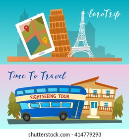 Time to Travel by Bus. Euro Trip banners with Architecture. Vector illustration