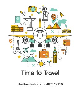 Time To Travel By Plane Line Art Thin Vector Icons Set With Airplane And Famous World Architecture