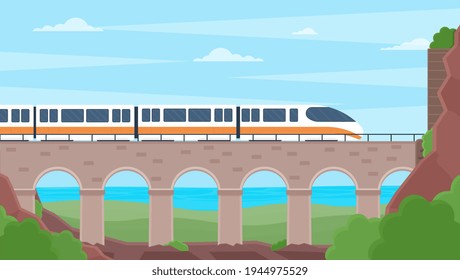 Time to travel by train concept. The bridge across the canyon, sea view, steam locomotive, travel by train theme, mountain landscape. Flat abstract metaphor cartoon vector illustration design.