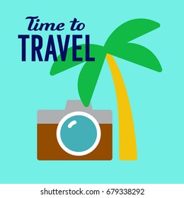 Time to travel, camera and palm, tropical countries tourist banner, poster, flat style vector illustration on blue background