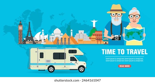 Time to travel. Camper journey of elderly couple concept design flat banner. Vector illustration