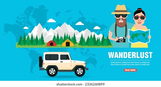Time to travel camping. Wanderlust concept design flat. Vector illustration