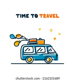 Time to travel card. Car with balloons and luggage. 