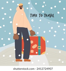 Time to Travel card. Young man with suitcases in winter time. Man Traveling with Luggage. Tourist wearing warm clothes. Colored flat vector illustration on white. Vacation or business trip concept