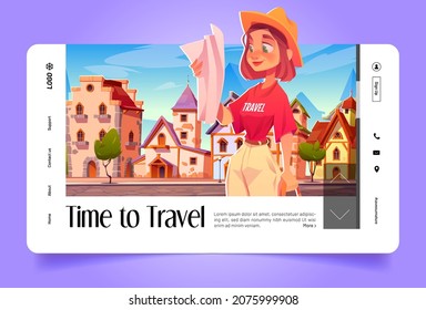 Time to travel cartoon landing page. Traveler girl learning map searching way in foreign antique city. Tourist woman summer vacation, travel agency service, character choose route, vector web banner