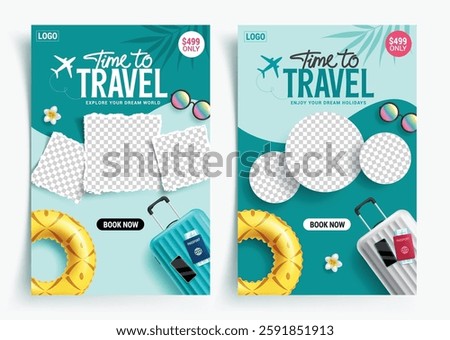Time to travel clipart template set. Travel website online booking application collection with blank space for marketing promotion clip art vector illustration. 