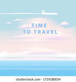 Time to travel Clouds on blue sky suncet sea ocean horison plane. Vector background banner template isolated