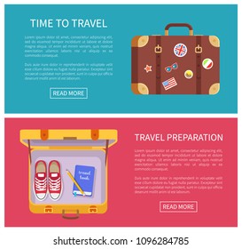 Time to travel collection of web pages, baggage preparation putting training shoes and book for writing ideas, text sample set vector illustration
