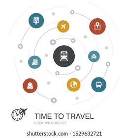 time to travel colored circle concept with simple icons. Contains such elements as hotel booking, map, airplane