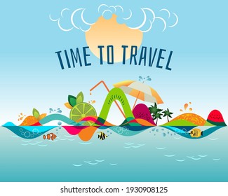 Time to travel - colorful creative banner, summer beach, journey destination, vacation time landscape, vector illustration