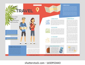 Time to travel - colorful vector brochure template with text blocks and characters. Flyer layout with happy couple traveling with backpacks. Types of tours, active lifestyle idea. A4 booklet pages