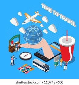Time to travel  composition with plane compass souvenir shop globe on human palm isometric icons vector illustration