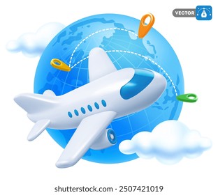 Time to travel concept with 3d realistic white plane, flying around the globe, routes, location pins, isolated on white background. Design element in cartoon minimal style. Vector illustration