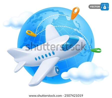 Time to travel concept with 3d realistic white plane, flying around the globe, routes, location pins, isolated on white background. Design element in cartoon minimal style. Vector illustration