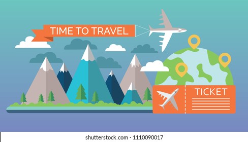 Time to travel concept. Airplane flying above mountain peaks. Vector illustration