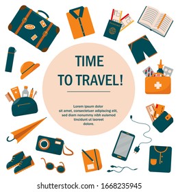 Time to travel concept or background.  Suitcase and necessary things for holiday. Luggage collection vector illustration in flat style. 