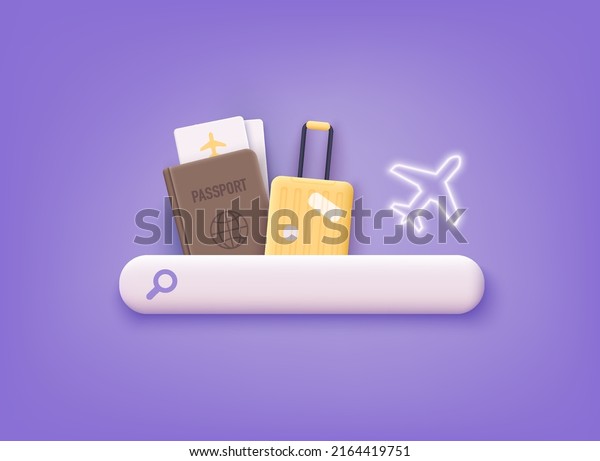 Time to travel concept. Banner\
with passport, tickets, travel bag. 3D Web Vector\
Illustrations.