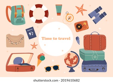 Time to travel concept. Banner with tourist design elements. Suitcase, backpack, glasses, camera, passport and globe. Holidays and vacations. Cartoon flat vector collection isolated on pink background