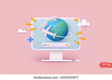 El concepto de tiempo para viajar. Banner de viaje de negocios con planet y aplicación de búsqueda. Ilustraciones de vectores Web 3D.