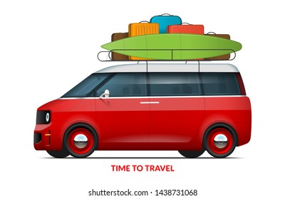 Time to travel concept. Family car with roof rack packed for the trip. Modern vehicle in vintage style with surfboard isolated on white background. Easy to recolor. Vector illustration