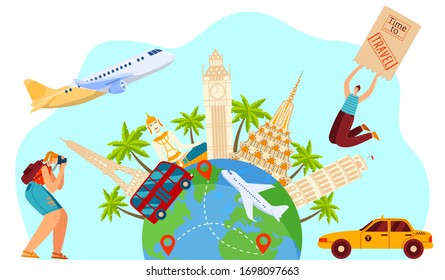 Time to travel concept, happy excited tourist people, sightseeing journey around world, vector illustration. Landmarks of different countries, airplane route destination, adventure trip destination