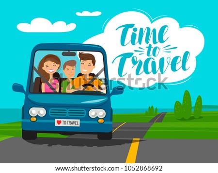 Time to travel, concept. Happy family rides car on journey. Cartoon vector illustration