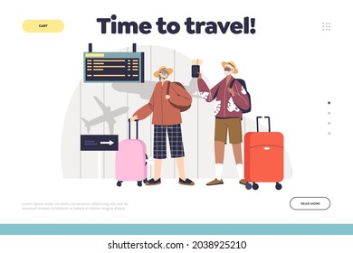 Time To Travel Concept Of Landing Page With Senior Couple With Luggage Suitcases In Airport Wait For Departure. Active Older Man And Woman Flying On Vacation. Cartoon Flat Vector Illustration