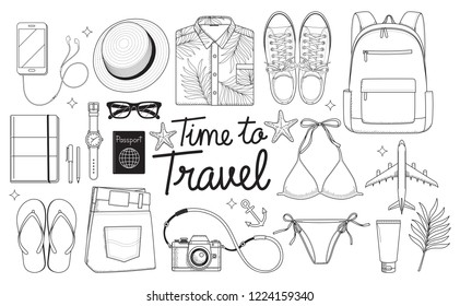 Time to travel concept. Travel objects flat lay drawing style vector illustration background.