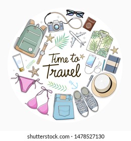 Time to travel concept. Travel objects flat lay drawing style vector illustration.