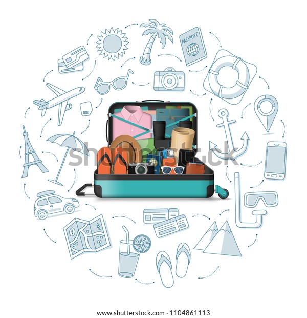 Time to\
travel concept. Open suitcase packed for journey with set of summer\
vacation doodle icons. Vector\
illustration